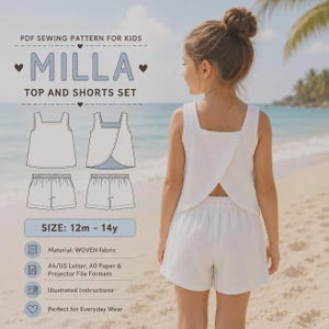 May include: A PDF sewing pattern for a kids' Milla top and shorts set. The image displays technical line drawings of a sleeveless top and elastic-waist shorts, with text indicating sizes 12m to 14y, woven fabric, and multiple file formats.