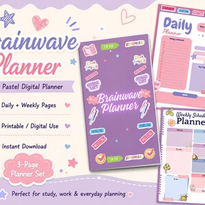 Peut inclure: Un ensemble de planificateurs numériques intitulé Brainwave Planner comprenant une couverture violette avec divers autocollants, une page de planification quotidienne avec emploi du temps et une page hebdomadaire avec des motifs floraux et d'insectes.