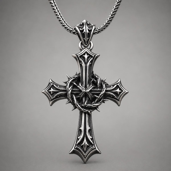 Crown of Thorns Cross Necklace | Sterling Silver Gothic Cross Pendant | Christian Relic Jewelry | Gift for Him