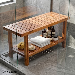 Banco de baño de teca con organizador de ducha / Banco de baño de madera para spa, piscina y uso exterior / Banco de almacenamiento de teca impermeable de 91 x 35,5 x 45,7 cm (36 x 14 x 18 pulgadas)