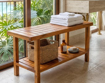 Customizable Teak Bath Bench 36 x 14 x 18 Inch | Teak Shower Bench with Storage Shelf | Waterproof Spa & Bathroom Seating