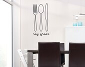 Say Grace Silverware Wall Quote Decal - Kitchen Wall Sticker, Silverware Decal, Spoon Knife Fork, Kitchen Decal Sticker, Dining Room Decal