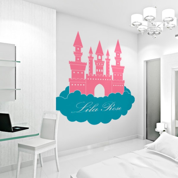 Princess Castle in Clouds-Custom Name Wall Decal, Nursery Vinyl Decal, Castle Decal, Princess Nursery, Castle Wall Art, Fairy Wall Decal