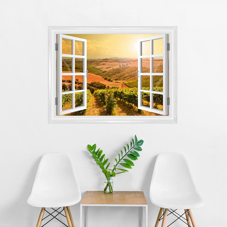 Wall Decor Printed Wall Decal Wall Mural Vineyard Wine Country Apartment Decor Sunkissed Vineyards Window Mural- Removable Wall Decal