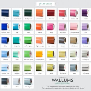 May include: Color chart showcasing a variety of vinyl decal colors, including dark blue, red, and green. Each color is presented as a roll of vinyl with a white backing. The chart includes a range of shades, from pastels to vibrant hues.