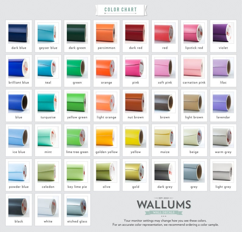 May include: Color chart showcasing a variety of vinyl decal colors, including dark blue, red, and green. Each color is presented as a roll of vinyl with a white backing. The chart includes a range of shades, from pastels to vibrant hues.