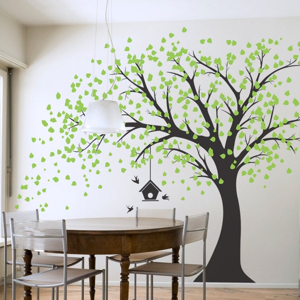 Large Windy Tree with Birdhouse Wall Decal - Windy Tree, Nature Wall Decal, Living Room Wall Decal, Tree Wall Sticker, Falling Leaves