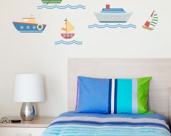 Sea Boats Printed Wall Decal - Nautical Decal, Ocean Decal, Ship Decal, Sailboat Decal, Boat Decal, Boys Room Wall Decal, Water Wall Decal