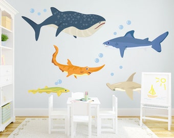 Shark Adventures Printed Decal 51"w x 54"h- Shark Decal, Shark Wall Sticker, Shark Decor, Underwater Decal, Ocean Decal, Nursery Ocean Art