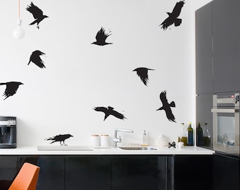 Black Crows Wall Decal - Nature Wall Decal, Crow Art, Flying Bird Art, Halloween Decor, Halloween, Bird Wall Sticker, Flock Of Birds