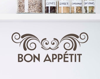 Bon Appetit Vinyl Wall Decal Sticker -Kitchen Wall Sticker, Kitchen Decal Sticker, Typography Decal, Chef Decal, Bon Appetit Decal, Chef Art