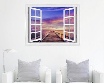 Thailand Pier Window Mural- Removable Wall Decal, Wall Decor, Printed Wall Decal, Sunset, Apartment Decor, Wall Mural, Pier, Thailand Art