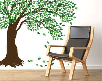 Giant Windy Tree Wall Decal - Tree Wall Sticker, Nature Wall Decal, Living Room Art, Nursery Tree Sticker, Windy Tree, Falling Leaves