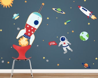 Space Adventures Printed Wall Decal Large Set -Repositionable Wall Decal, Space Decal, Rocket Decal, Kids Space Decor, Solar System Decal