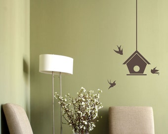 Bird House With Swallows Wall Decal Sticker - Nature Wall Decal, Flying Bird Art, Bird Wall Sticker, BirdHouse Decal, Swallow Decal Sticker