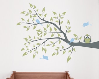 Owl and Four Birds on a Branch Wall Decal 36" x 26" -Branch Wall Art, Nature Wall Decal, Owl Branch Decal, Tree Wall Sticker, Nursery Branch