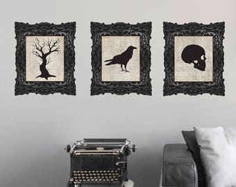 Tree Raven Skull Set Printed Wall Decal- Halloween Wall Decal, Spooky Decal, Morbid Wall Decor, Printed Wall Decal, Skull Decor, Gothic