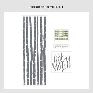 May include: A set of gray birch tree wall decals, including a long strip of trees, a cluster of branches, and a sheet of leaves.  The decals are perfect for adding a touch of nature to any room.