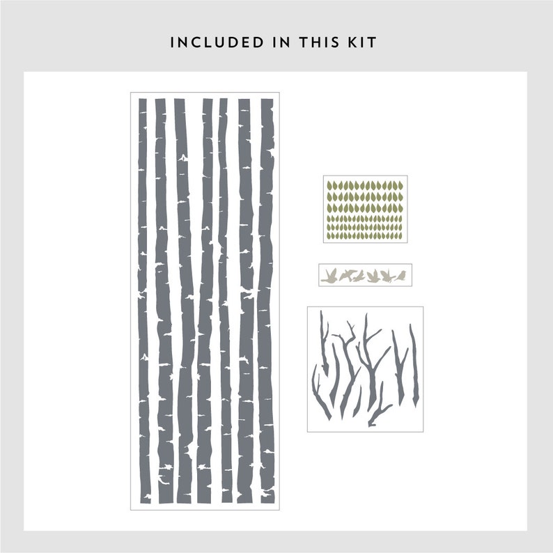 May include: A set of gray birch tree wall decals, including a long strip of trees, a cluster of branches, and a sheet of leaves.  The decals are perfect for adding a touch of nature to any room.
