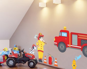 Firetruck Printed Wall Decal - Kids Room Wall Decor, Repositionable Wall Decal, Fire Truck Decal, Fireman Decal, Firefighter Decal, Fire Dog