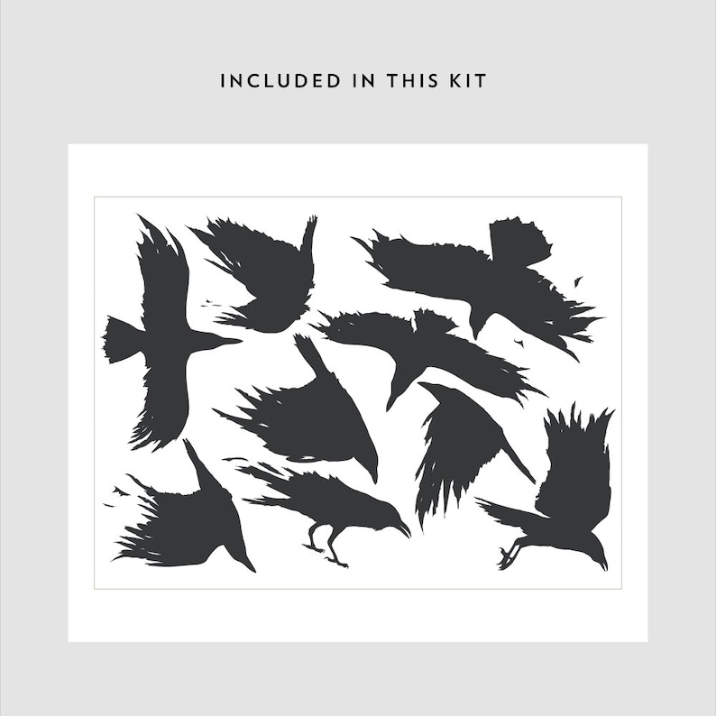 May include: A digital illustration of nine black crow silhouettes in various flying positions against a white background. The crows are arranged in a cluster, creating a dynamic and artistic composition.