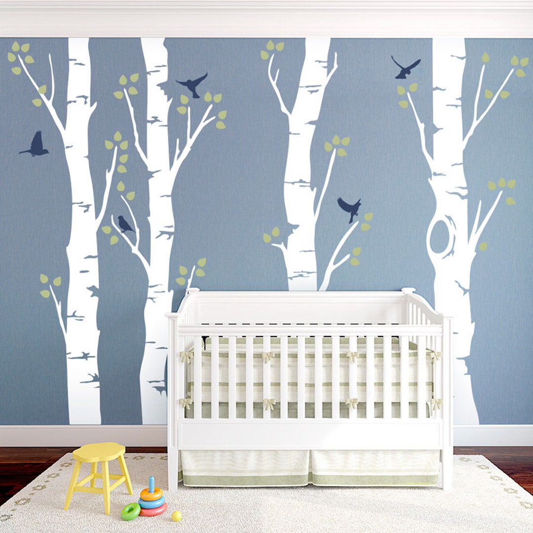 Wide Birch Tree With Birds Vinyl Wall Decal - Birch Forest Wall Decal ...