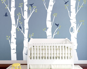 Wide Birch Tree With Birds Vinyl Wall Decal - Birch Forest Wall Decal, Woodland Nursery Theme, Nature Wall Decal, Nursery Tree Sticker
