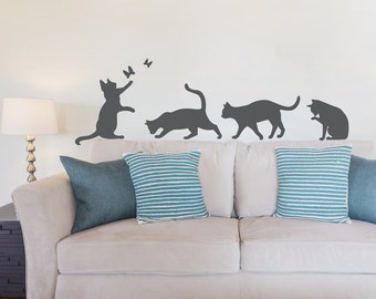 Cats Wall Art Decal - Cat Wall Sticker, Cat Lover Decor, Cat Silhouette Art, Kitty Decal, Playful Cats, Animal Wall Sticker, Feline Fan