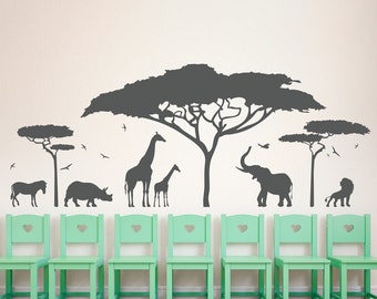 African Safari Wall Decal - Zoo Wall Decal, African Decal, Nature Wall Decal, Giraffe Wall Art, Safari Nursery Decor, Elephant Wall Decor