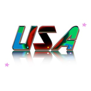 May include: A 3D rendering of the word "USA" in red, blue, and green with a metallic sheen. The letters are outlined in black and have a shadow effect. There are small stars scattered around the letters.