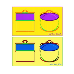 Könnte beinhalten: Zwei Geschenkboxen mit Deckeln, eine lila und eine blaue, auf gelbem Hintergrund. Der Text "Gift Box_Purple" und "Gift Box_Blue" befindet sich unter jeder Box.
