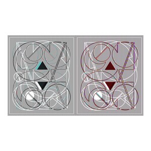 May include: Two abstract geometric designs with overlapping circles, triangles, and lines. The design on the left is black and white, while the design on the right is red, white, and blue.