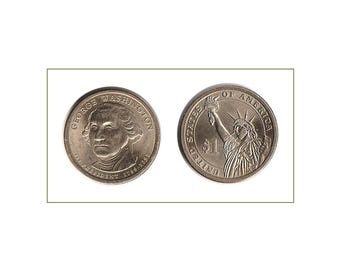 May include: Two silver dollar coins. One coin features a portrait of George Washington and the text "GEORGE WASHINGTON 1st PRESIDENT 1789-1797". The other coin shows the Statue of Liberty and the text "UNITED STATES OF AMERICA $1".