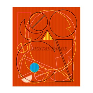May include: Abstract geometric design with overlapping circles, triangles, and squares in black, yellow, blue, and pink on an orange background.