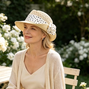 French Elegant Crochet Straw Cap for Women, Printed Fabric Flower Decor, Unique Designer Summer Sun Hat