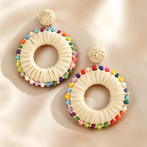 Handmade Rainbow Beaded Raffia Hoop Earrings Bohemian Woven Statement Earrings Colorful Beaded Drop Earrings for Women