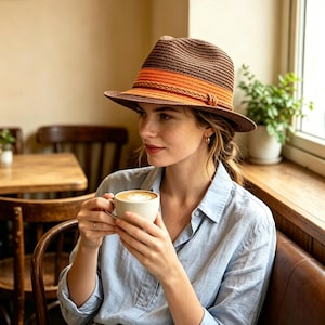 May include: A brown woven fedora hat featuring a vibrant orange band and a decorative braided cord detail. The hat has a structured crown and a slightly downturned brim, crafted from a textured material with a consistent, tight weave pattern.