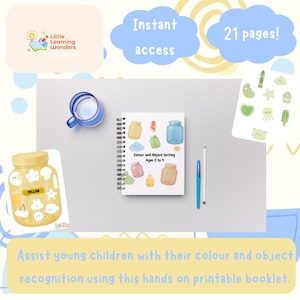 May include: A spiral-bound activity booklet titled Colour and Object Sorting Ages 2 to 4, featuring illustrations of colorful jars and objects. The set includes a blue mug, a blue pen, a white pencil, and a sheet of green stickers, all displayed together.