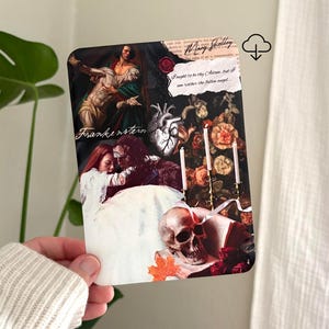 May include: A rectangular art print featuring a collage of Frankenstein-themed imagery, including a classical painting, a human heart, a skull, candles, and text that reads Mary Shelley and I ought to be thy Adam, but I am rather the fallen angel.