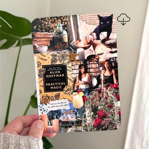 May include: A rectangular collage print featuring the book cover of Practical Magic by Alice Hoffman, surrounded by images of a black cat, candles, a house, red roses, a cocktail, and floral illustrations with gold star accents on a paper background.