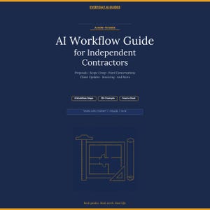 May include: A dark blue graphic with the title "AI Workflow Guide for Independent Contractors." The guide covers proposals, scope creep, client updates, and invoicing. It includes 8 workflow steps, 35+ prompts, and is free to start. The image also features architectural design elements.