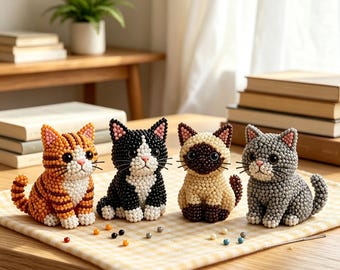 Perlen Katze DIY Kit, machen 4 entzückende 3D Katzenfiguren, Anfänger Bead Craft Set, handgemachtes Katzenliebhaber Geschenk, Schreibtisch Dekor Projekt Muster inklusive