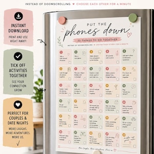 Peut inclure: Une liste d'activités imprimable intitulée Put the phones down 30 things to do together. Le document présente trente cases numérotées avec des icônes et des suggestions pour les couples, affiché sur un réfrigérateur avec des aimants.