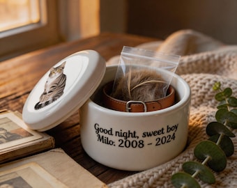 Urna de cerámica para gatos, recuerdo conmemorativo personalizado para mascotas, regalo para amantes de los gatos con nombre y foto. Tortie Calico Tabby Tuxedo Siamese Sphynx