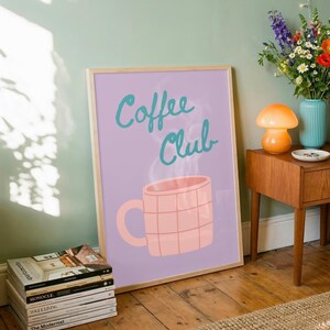 Retro Coffee Club Wall Art Cute Pink Mug Print Purple Lavender Poster Modern Kitchen Decor Cafe Typography Avant Basic Digital Download