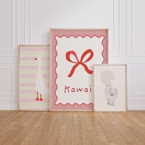 set of 3 pink wall art girl nursery decor coquette bow poster cute cat aesthetic print kawai duck bedroom art danish pastel digital
