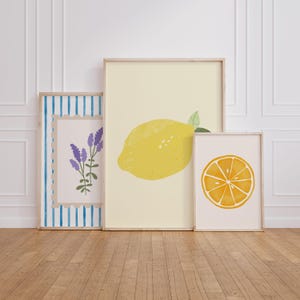 set of 3 kitchen wall art lemon print citrus fruit poster orange slice gallery set blue lavender postage stamp digital download trendy