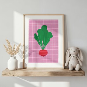 radish wall art cute pink retro poster modern kids room decor danish pastel kitchen print beetroot vegetable grid download illustration art