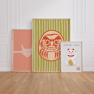set of 3 japanese wall art retro daruma poster japandi home decor maneki neko print lucky cat mizuhiki zen design digital download print