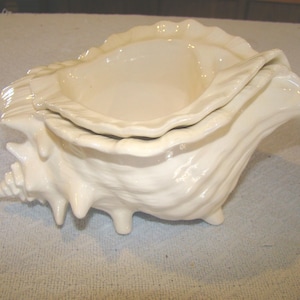 May include: Off-white ceramic seashell-shaped decorative bowl. The bowl has a textured surface with a glossy finish. The design includes a layered top and three small feet. The overall shape mimics a conch shell.